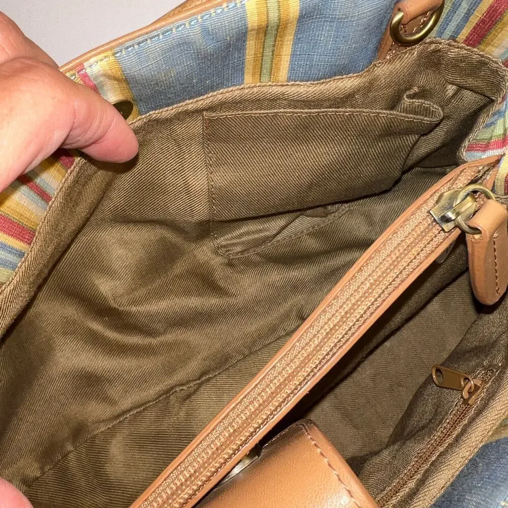 Fossil Cabana Stripe Canvas Wood Handled Satchel Handbag Purse Multicolor